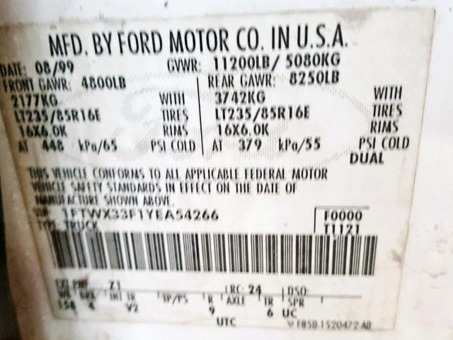 1FTSX31F7XEE16326 - 1999 FORD F350 SRW S WHITE photo 10