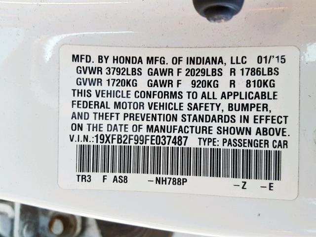 19XFB2F99FE037487 - 2015 HONDA CIVIC EXL WHITE photo 10