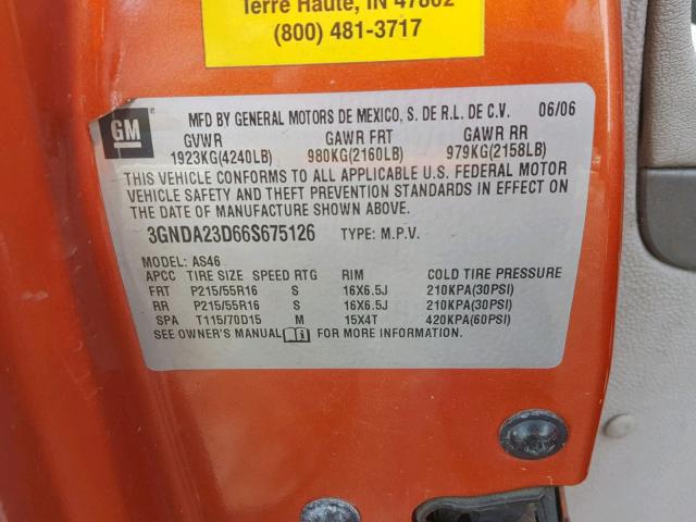 3GNDA23D66S675126 - 2006 CHEVROLET HHR LT ORANGE photo 10