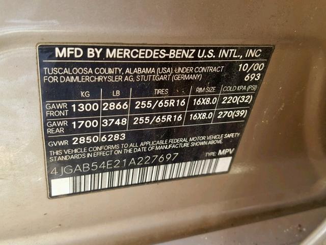 4JGAB54E21A227697 - 2001 MERCEDES-BENZ ML 320 TAN photo 10