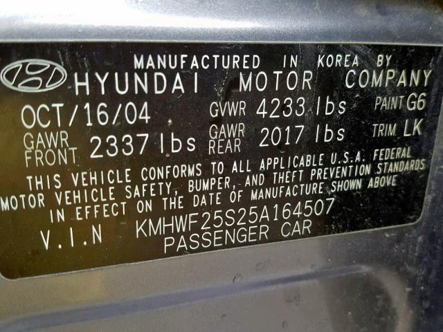 KMHWF25S25A164507 - 2005 HYUNDAI SONATA GL GRAY photo 10