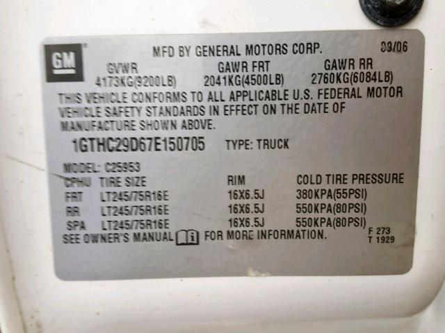 1GTHC29D67E150705 - 2007 GMC SIERRA C25 WHITE photo 10