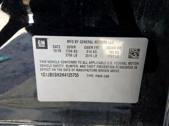 1G1JB5SH2H4125755 - 2017 CHEVROLET SONIC LS 黑色 照片 10