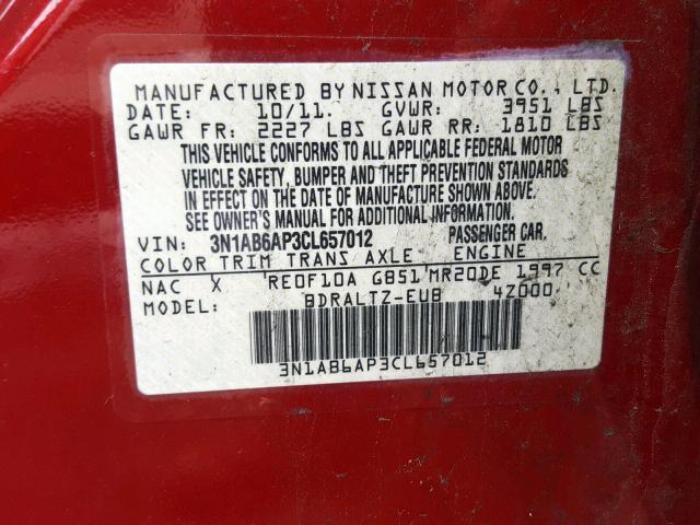 3N1AB6AP3CL657012 - 2012 NISSAN SENTRA 2.0 RED photo 10