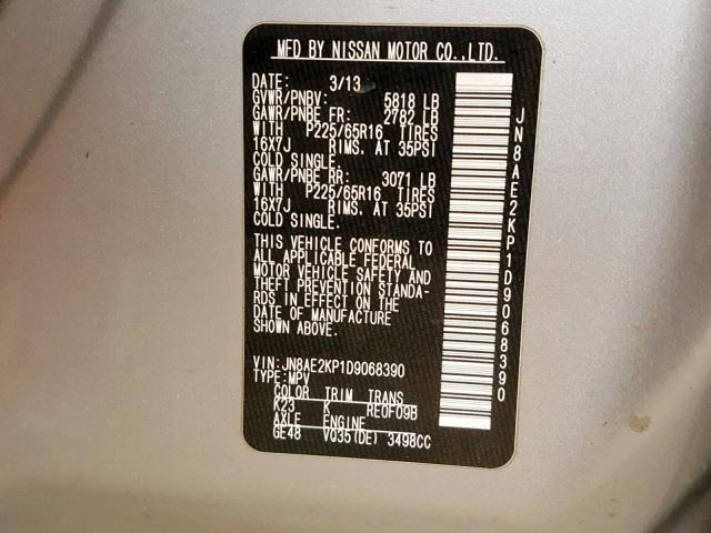 JN8AE2KP1D9068390 - 2013 NISSAN QUEST S SILVER photo 10