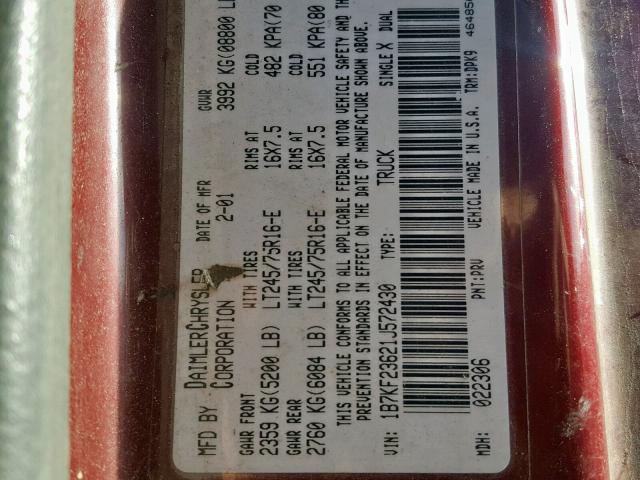 1B7KF23621J572430 - 2001 DODGE RAM 2500 BURGUNDY photo 10