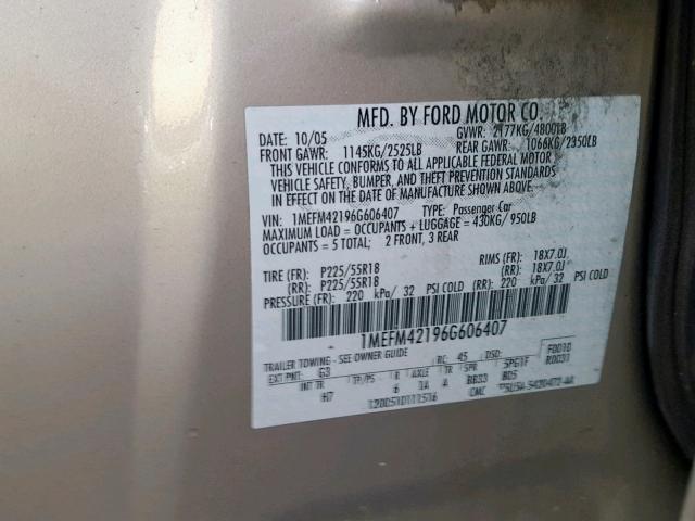 1MEFM42196G606407 - 2006 MERCURY MONTEGO PR 棕色 照片 10