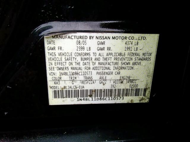 1N4BL11D86C110573 - 2006 NISSAN ALTIMA SE BLACK photo 10