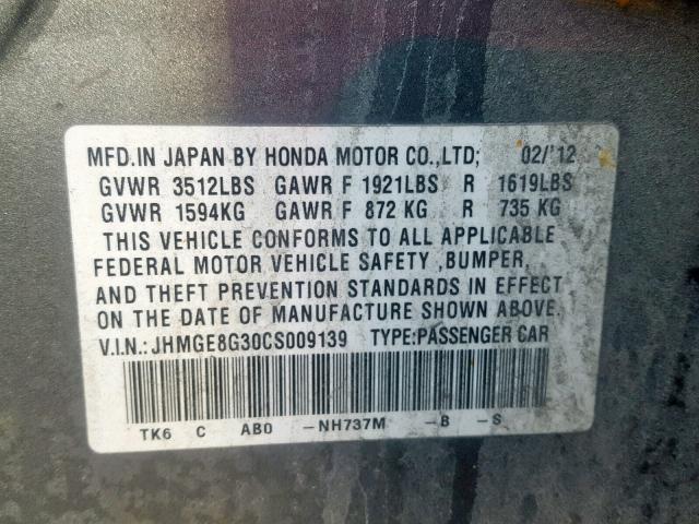 JHMGE8G30CS009139 - 2012 HONDA FIT GRAY photo 10