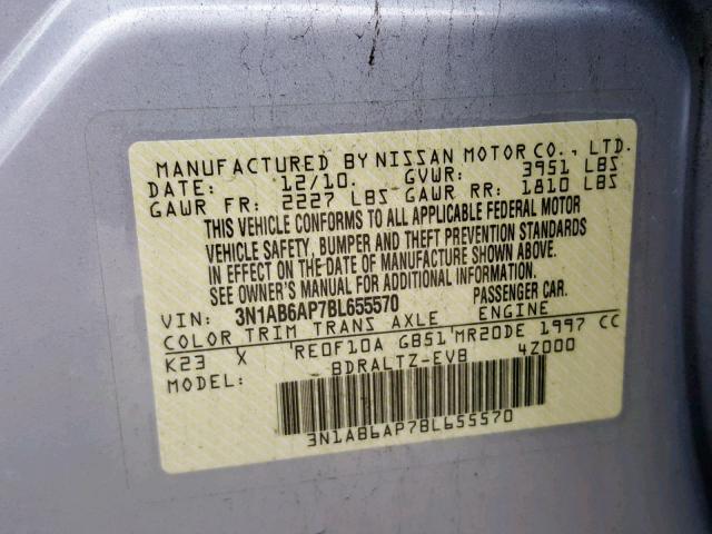 3N1AB6AP7BL655570 - 2011 NISSAN SENTRA 2.0 SILVER photo 10