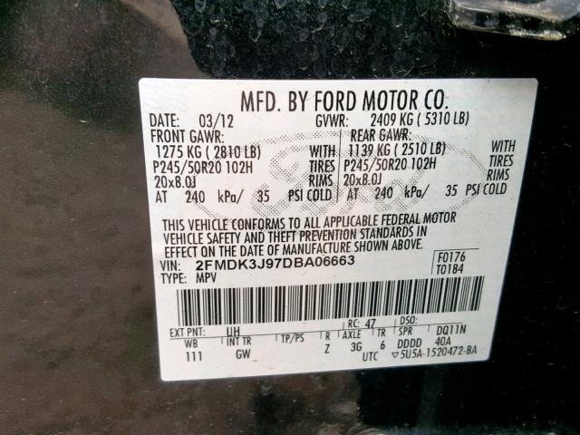 2FMDK3J97DBA06663 - 2013 FORD EDGE SEL BLACK photo 10