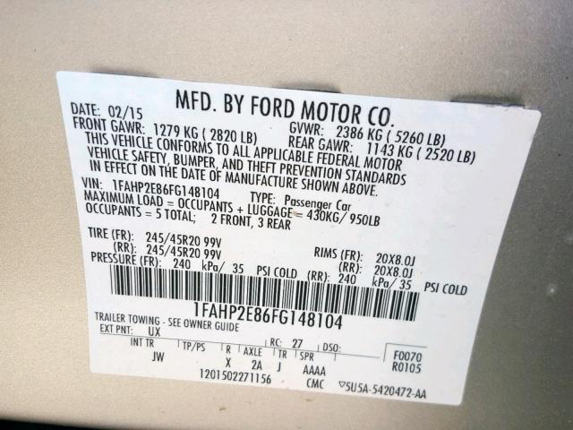 1FAHP2E86FG148104 - 2015 FORD TAURUS SEL SILVER photo 10