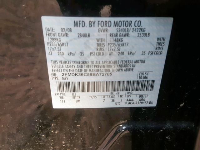 2FMDK36C58BA72705 - 2008 FORD EDGE SE BLACK photo 10