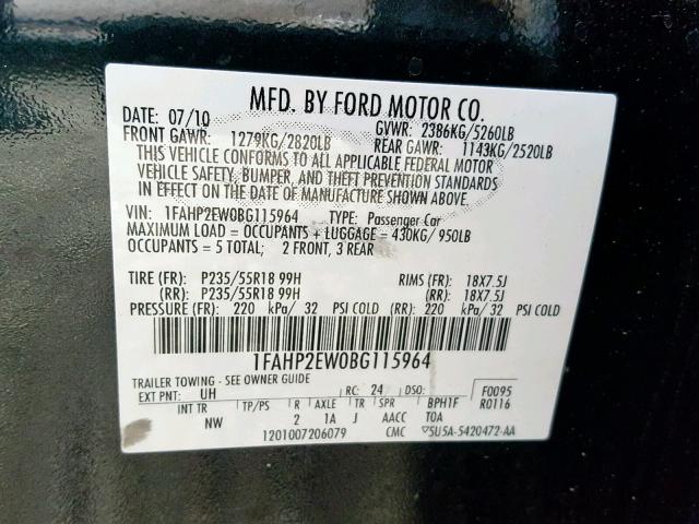 1FAHP2EW0BG115964 - 2011 FORD TAURUS SEL BLACK photo 10