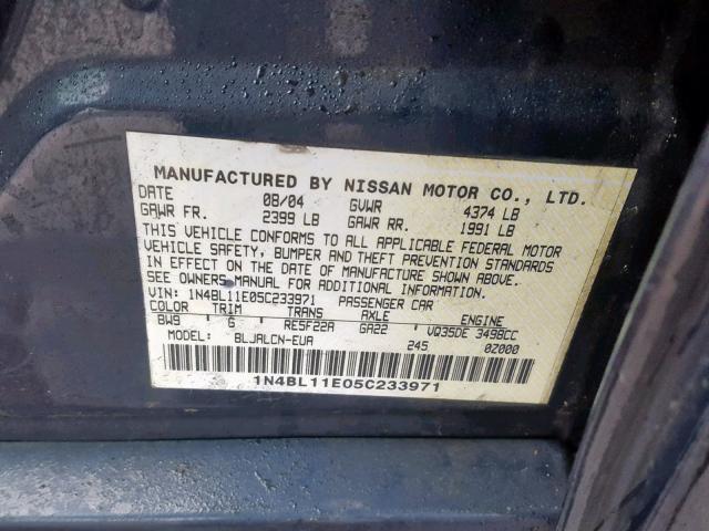 1N4BL11E05C233971 - 2005 NISSAN ALTIMA SE BLUE photo 10