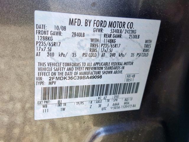 2FMDK36C39BA49098 - 2009 FORD EDGE SE GRAY photo 10