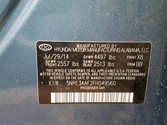 5NPE34AF2FH049560 - 2015 HYUNDAI SONATA SPO BLUE photo 10