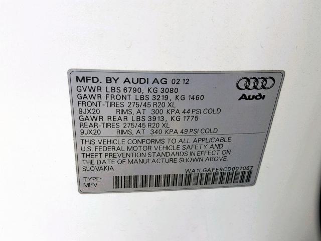 WA1LGAFE9CD007067 - 2012 AUDI Q7 PREMIUM WHITE photo 10