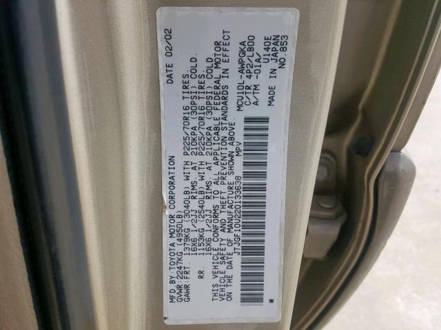 JTJGF10U220133638 - 2002 LEXUS RX 300 GOLD photo 10