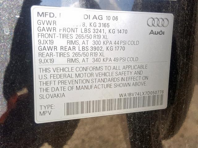 WA1BV74LX7D050778 - 2007 AUDI Q7 4.2 QUA BLACK photo 10