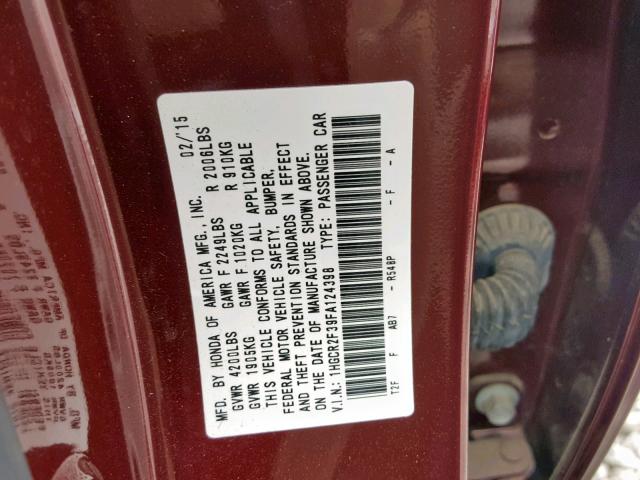 1HGCR2F39FA124398 - 2015 HONDA ACCORD LX MAROON photo 10