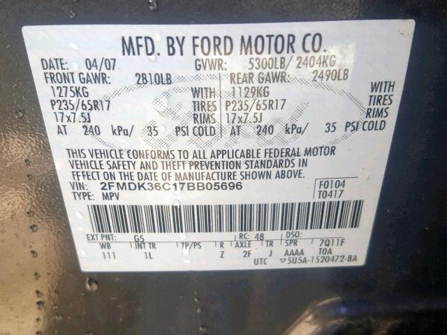 2FMDK36C17BB05696 - 2007 FORD EDGE SE BLACK photo 10