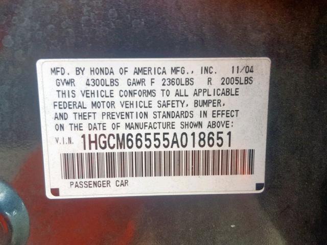 1HGCM66555A018651 - 2005 HONDA ACCORD EX GRAY photo 10