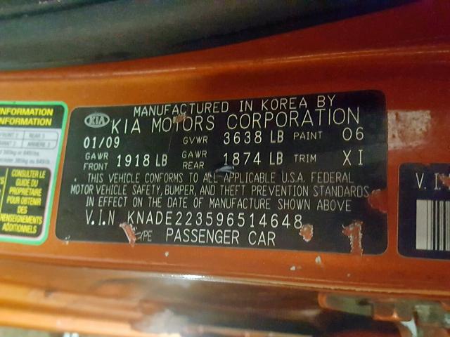 KNADE223596514648 - 2009 KIA RIO BASE ORANGE photo 10