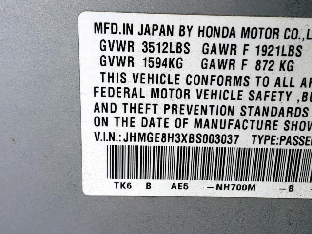 JHMGE8H3XBS003037 - 2011 HONDA FIT SILVER photo 10