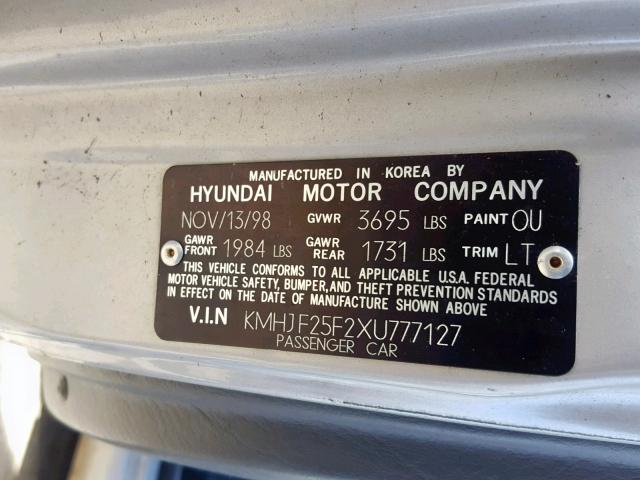 KMHJF25F2XU777127 - 1999 HYUNDAI ELANTRA BA SILVER photo 10