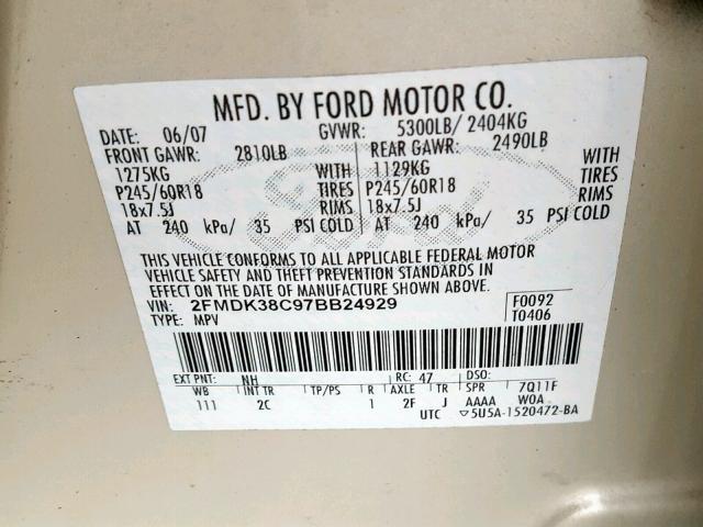 2FMDK38C97BB24929 - 2007 FORD EDGE SEL WHITE photo 10