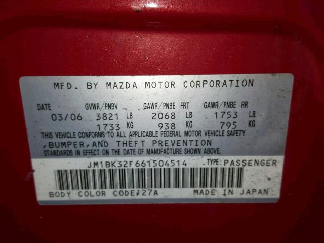 JM1BK32F661504514 - 2006 MAZDA 3 I RED photo 10