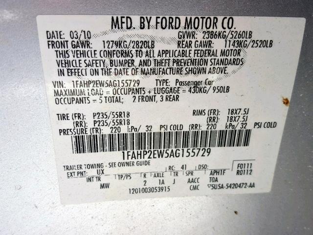 1FAHP2EW5AG155729 - 2010 FORD TAURUS SEL SILVER photo 10