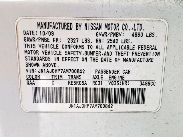 JN1AJ0HP7AM700842 - 2010 INFINITI EX35 BASE Ağ foto 10