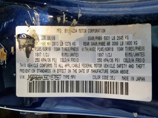 JM3TB28A390167697 - 2009 MAZDA CX-9 BLUE photo 10