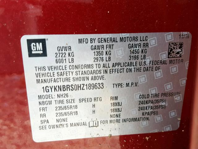 1GYKNBRS0HZ189633 - 2017 CADILLAC XT5 LUXURY BURGUNDY photo 10