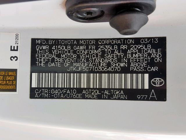 JTKJF5C71D3064070 - 2013 TOYOTA SCION TC თეთრი ფოტო 10