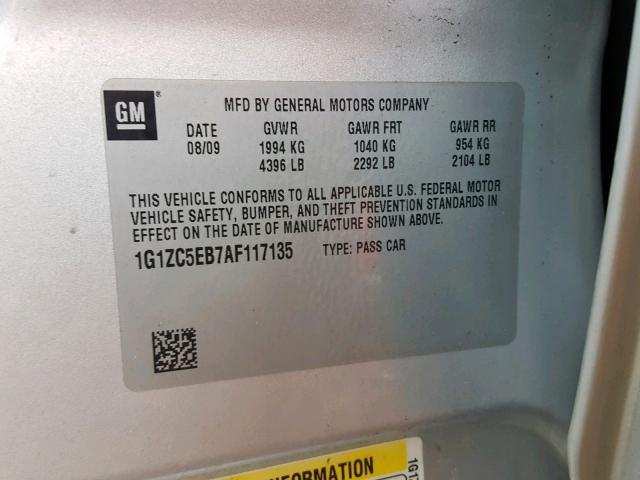 1G1ZC5EB7AF117135 - 2010 CHEVROLET MALIBU 1LT SILVER photo 10