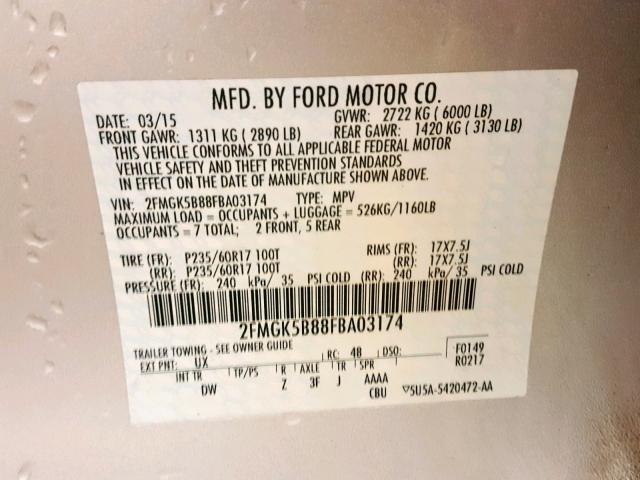 2FMGK5B88FBA03174 - 2015 FORD FLEX SE SILVER photo 10