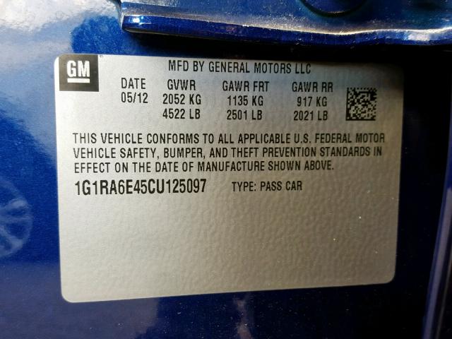 1G1RA6E45CU125097 - 2012 CHEVROLET VOLT BLUE photo 10