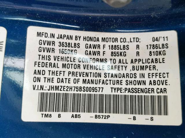 JHMZE2H75BS009577 - 2011 HONDA INSIGHT EX BLUE photo 10