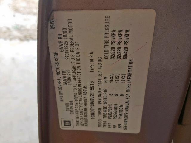 1GNDT13W6V2115915 - 1997 CHEVROLET BLAZER TAN photo 10