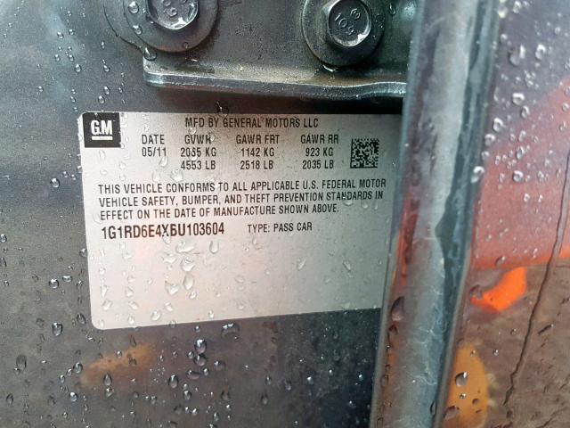 1G1RD6E4XBU103604 - 2011 CHEVROLET VOLT GRAY photo 10