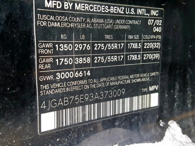 4JGAB75E93A373009 - 2003 MERCEDES-BENZ ML 500 BLACK photo 10