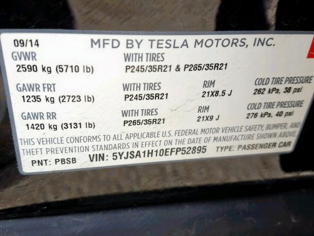 5YJSA1H10EFP52895 - 2014 TESLA MODEL S BLACK photo 10