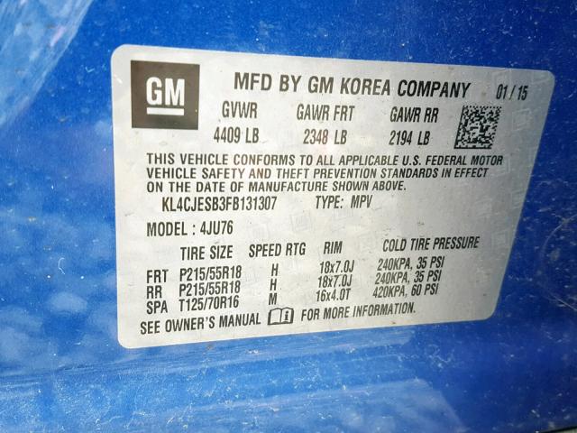 KL4CJESB3FB131307 - 2015 BUICK ENCORE BLUE photo 10