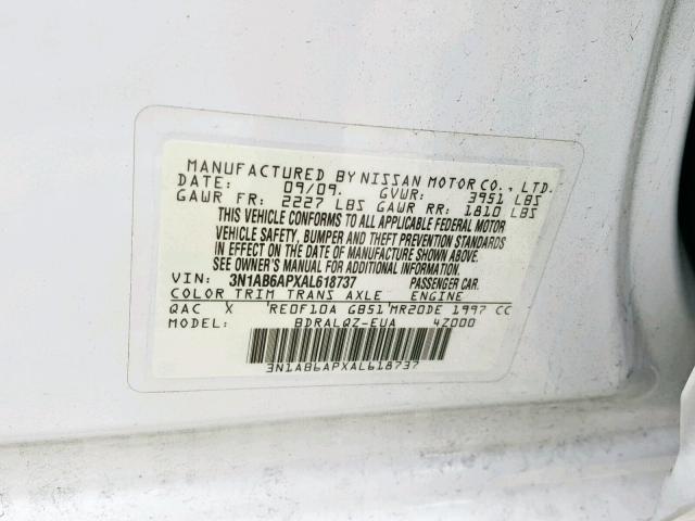 3N1AB6APXAL618737 - 2010 NISSAN SENTRA 2.0 WHITE photo 10