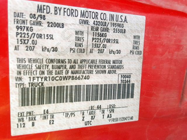1FTYR10C0WPB66740 - 1998 FORD RANGER RED photo 10