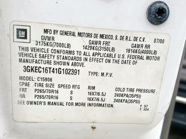 3GKEC16T41G102391 - 2001 GMC YUKON XL C WHITE photo 10