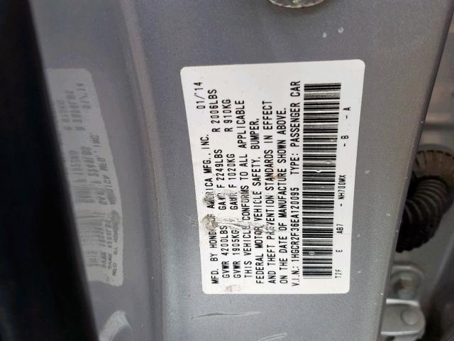 1HGCR2F36EA120095 - 2014 HONDA ACCORD LX SILVER photo 10